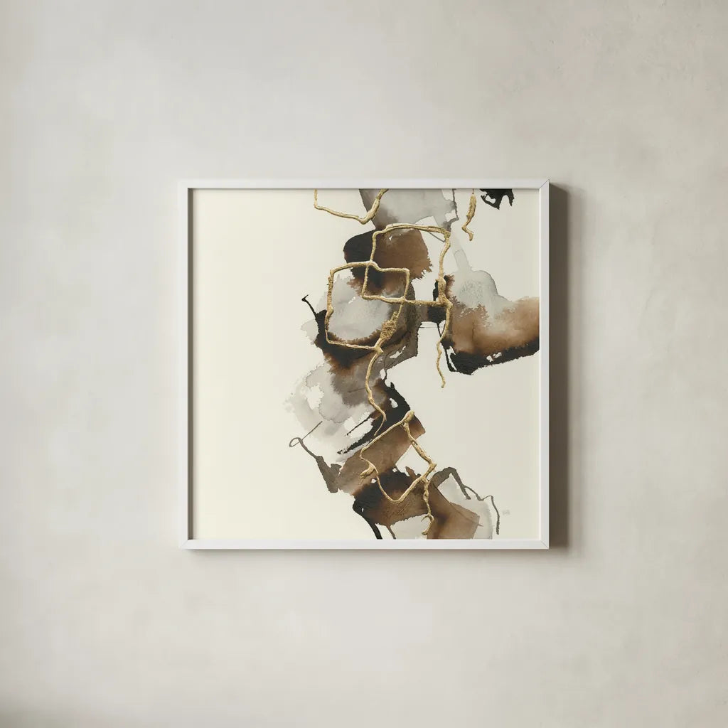 Gold Squares II by Chris Paschke. Shown in a crisp white glass frame for a clean and minimalist style. Available as an archival giclee rolled canvas, fine art paper, or poster print. SKU 31744a.