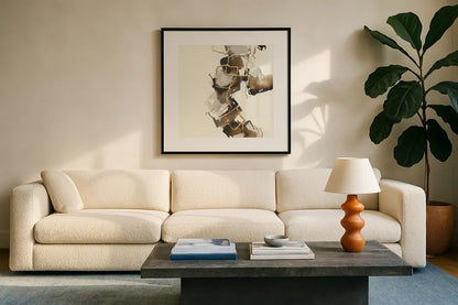 Gold Squares II by Chris Paschke. Displayed in a glass frame with matte in a clean modern living room. Available as an archival giclee rolled canvas, fine art paper, or poster print. SKU 31744a.