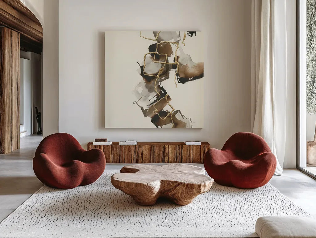 Gold Squares II by Chris Paschke. Shown as extra-large giant wall art in a modern living room. Available as an archival giclee rolled canvas, fine art paper, or poster print. SKU 31744a.