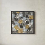 Gold Squares II by Chris Paschke. Shown in a sleek black glass frame for a contemporary gallery look. Available as an archival giclee rolled canvas, fine art paper, or poster print. SKU 34706a.