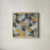 Gold Squares II by Chris Paschke. Shown in a natural wood glass frame for a timeless modern aesthetic. Available as an archival giclee rolled canvas, fine art paper, or poster print. SKU 34706a.