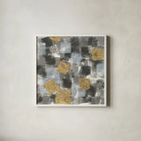 Gold Squares II by Chris Paschke. Shown in a crisp white glass frame for a clean and minimalist style. Available as an archival giclee rolled canvas, fine art paper, or poster print. SKU 34706a.