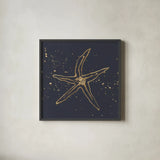Gold Starfish II by Chris Paschke. Shown in a sleek black glass frame for a contemporary gallery look. Available as an archival giclee rolled canvas, fine art paper, or poster print. SKU 69362a.