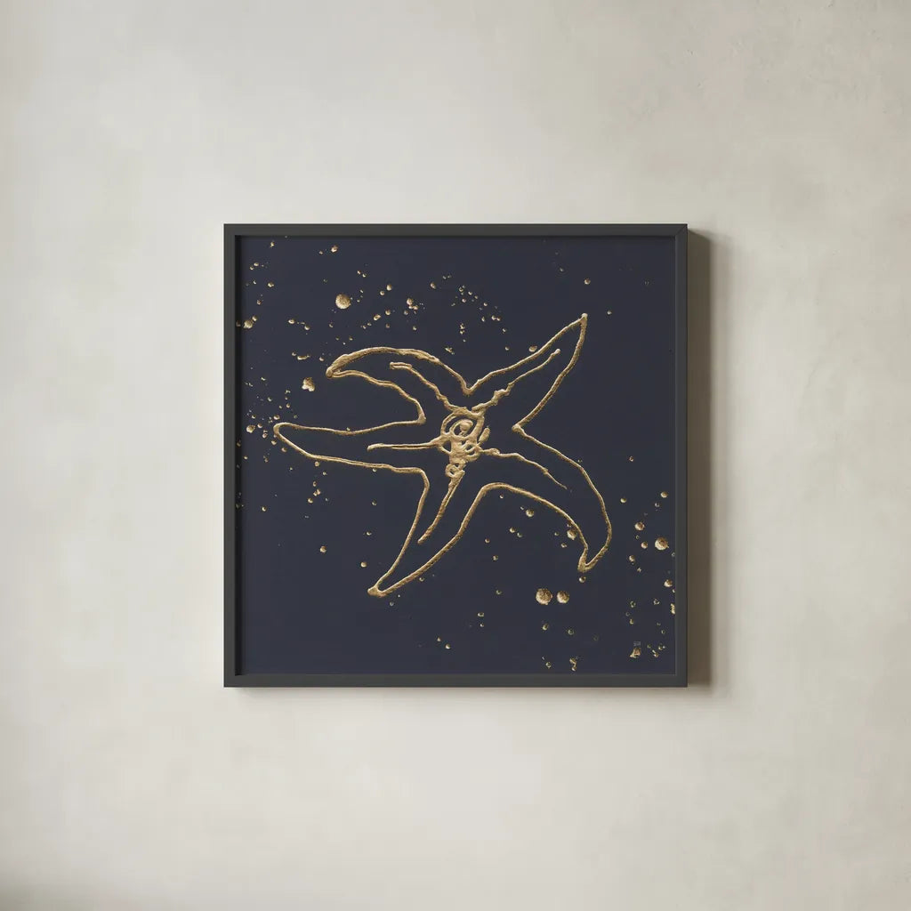 Gold Starfish III by Chris Paschke. Shown in a sleek black glass frame for a contemporary gallery look. Available as an archival giclee rolled canvas, fine art paper, or poster print. SKU 69363a.