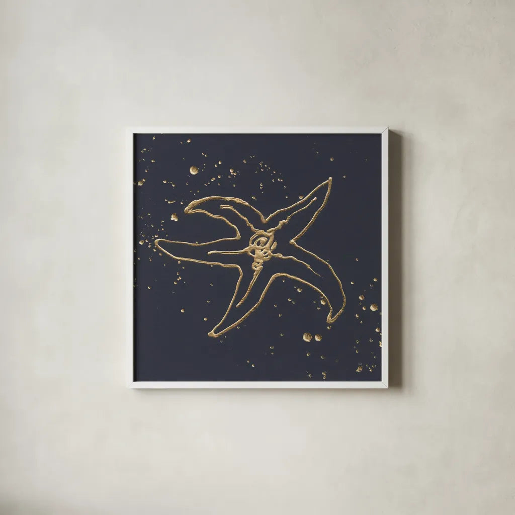 Gold Starfish III by Chris Paschke. Shown in a crisp white glass frame for a clean and minimalist style. Available as an archival giclee rolled canvas, fine art paper, or poster print. SKU 69363a.