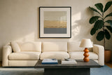 Gold Strips I by Chris Paschke. Displayed in a glass frame with matte in a clean modern living room. Available as an archival giclee rolled canvas, fine art paper, or poster print. SKU 75465a.