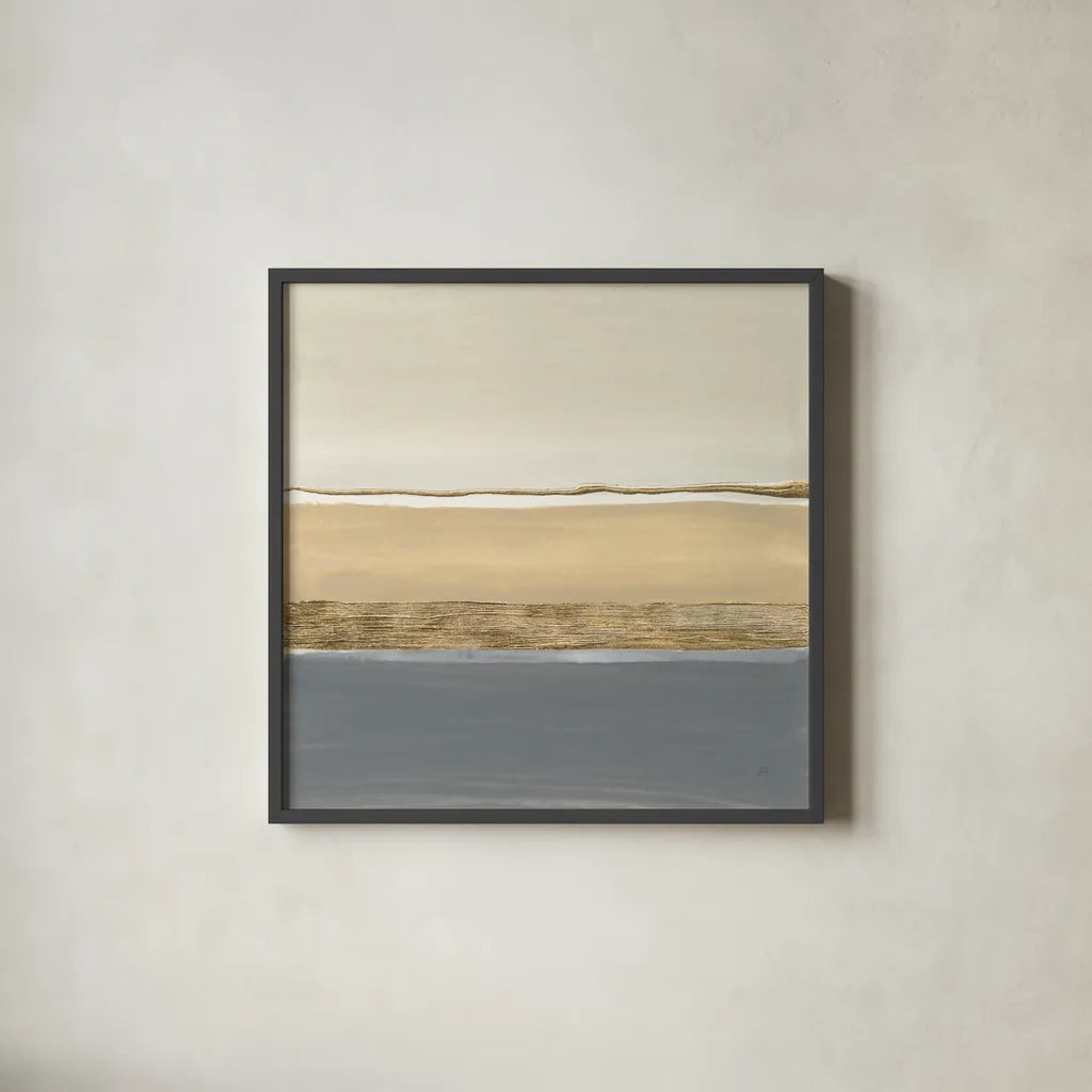 Gold Strips II by Chris Paschke. Shown in a sleek black glass frame for a contemporary gallery look. Available as an archival giclee rolled canvas, fine art paper, or poster print. SKU 75466a.