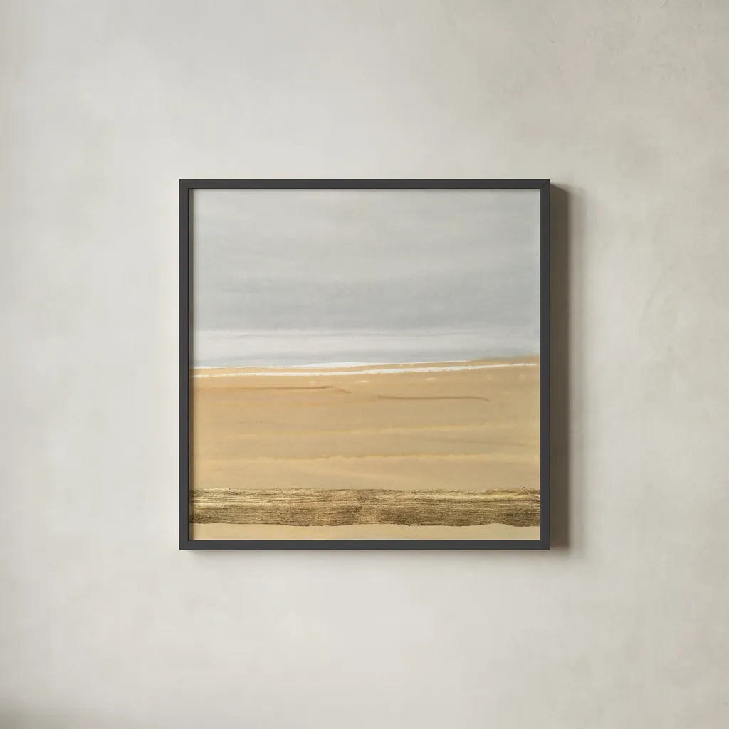 Gold Strips III by Chris Paschke. Shown in a sleek black glass frame for a contemporary gallery look. Available as an archival giclee rolled canvas, fine art paper, or poster print. SKU 75467a.