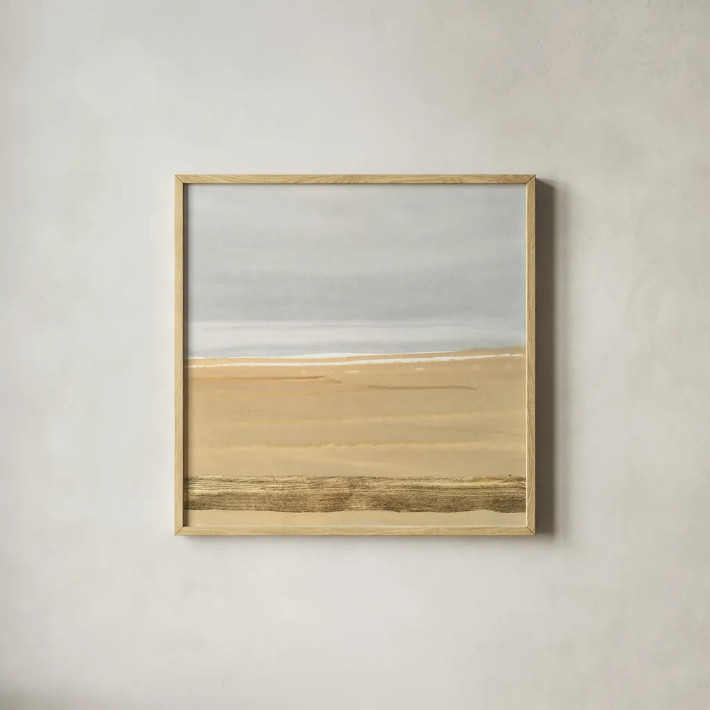 Gold Strips III by Chris Paschke. Shown in a natural wood glass frame for a timeless modern aesthetic. Available as an archival giclee rolled canvas, fine art paper, or poster print. SKU 75467a.