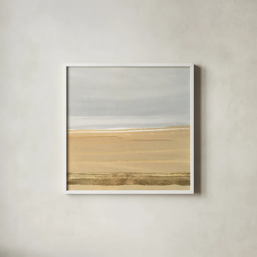 Gold Strips III by Chris Paschke. Shown in a crisp white glass frame for a clean and minimalist style. Available as an archival giclee rolled canvas, fine art paper, or poster print. SKU 75467a.