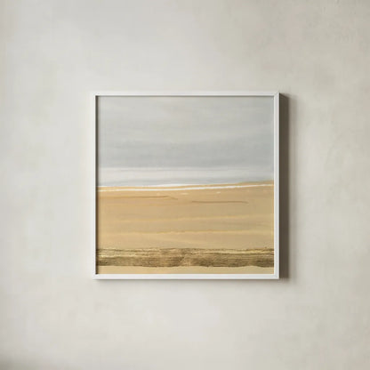 Gold Strips III by Chris Paschke. Shown in a crisp white glass frame for a clean and minimalist style. Available as an archival giclee rolled canvas, fine art paper, or poster print. SKU 75467a.