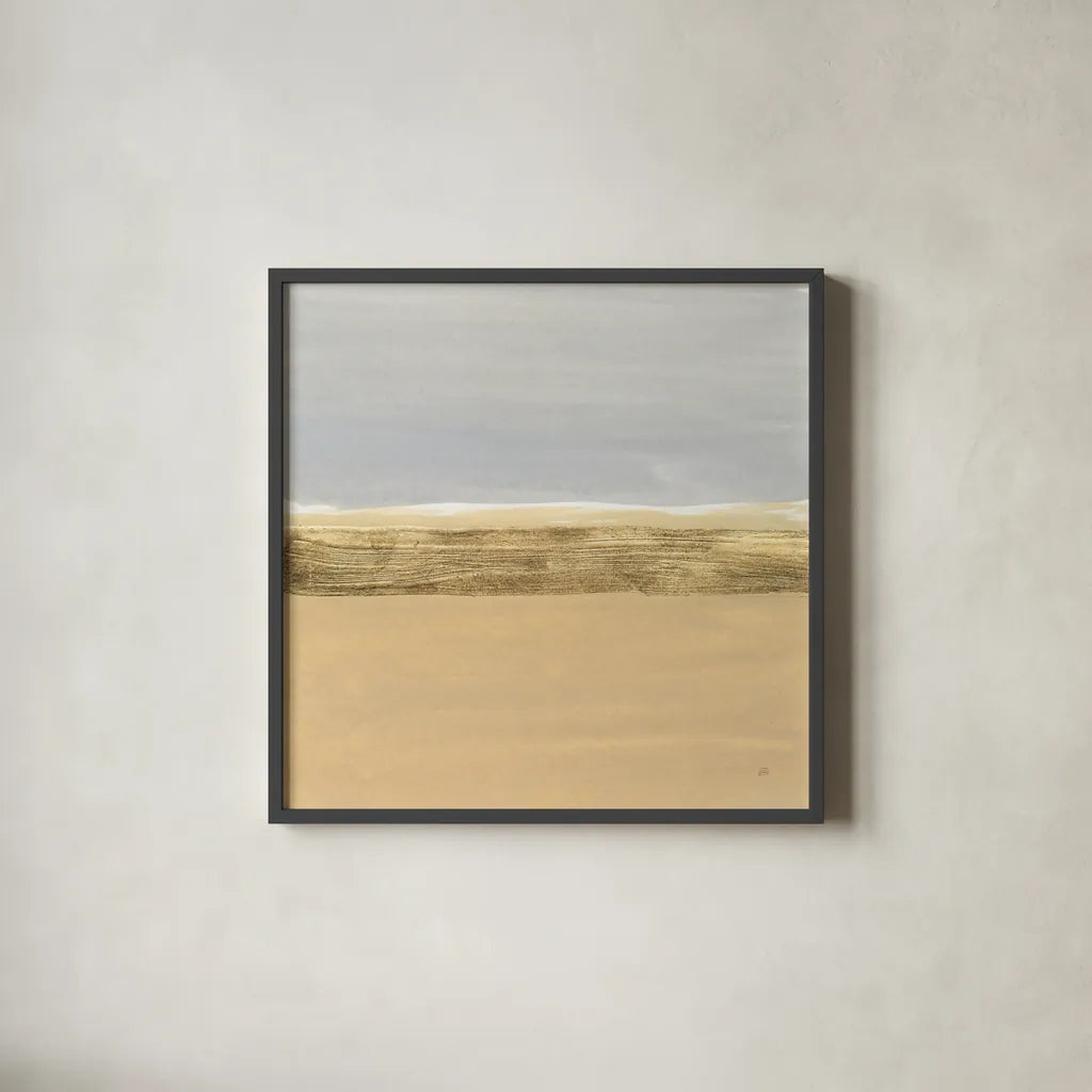 Gold Strips IV by Chris Paschke. Shown in a sleek black glass frame for a contemporary gallery look. Available as an archival giclee rolled canvas, fine art paper, or poster print. SKU 75468a.