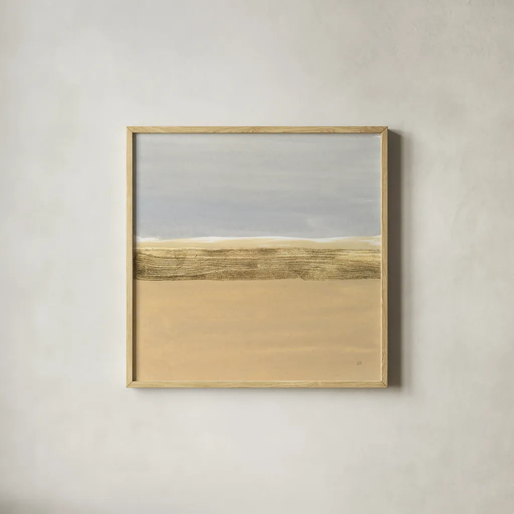 Gold Strips IV by Chris Paschke. Shown in a natural wood glass frame for a timeless modern aesthetic. Available as an archival giclee rolled canvas, fine art paper, or poster print. SKU 75468a.