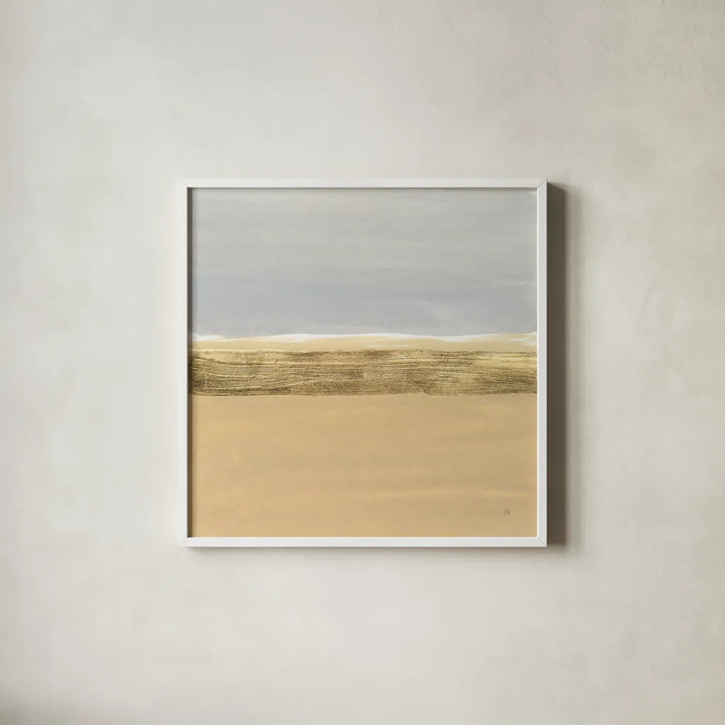 Gold Strips IV by Chris Paschke. Shown in a crisp white glass frame for a clean and minimalist style. Available as an archival giclee rolled canvas, fine art paper, or poster print. SKU 75468a.