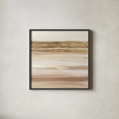Gold and Brown Sand I Organic by Chris Paschke. Shown in a sleek black glass frame for a contemporary gallery look. Available as an archival giclee rolled canvas, fine art paper, or poster print. SKU 81072a.