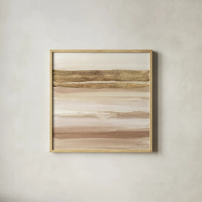 Gold and Brown Sand I Organic by Chris Paschke. Shown in a natural wood glass frame for a timeless modern aesthetic. Available as an archival giclee rolled canvas, fine art paper, or poster print. SKU 81072a.