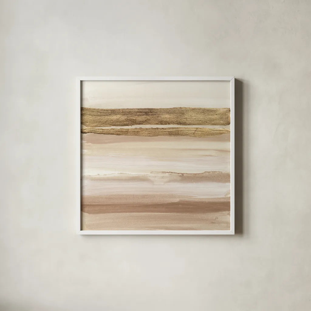 Gold and Brown Sand I Organic by Chris Paschke. Shown in a crisp white glass frame for a clean and minimalist style. Available as an archival giclee rolled canvas, fine art paper, or poster print. SKU 81072a.