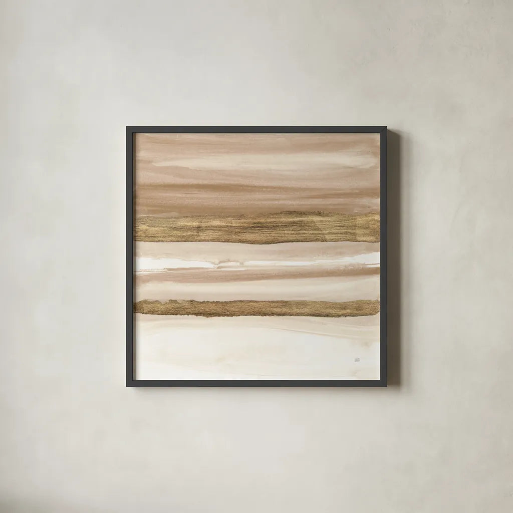 Gold and Brown Sand II Organic by Chris Paschke. Shown in a sleek black glass frame for a contemporary gallery look. Available as an archival giclee rolled canvas, fine art paper, or poster print. SKU 81073a.