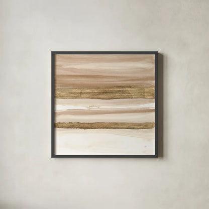 Gold and Brown Sand II Organic by Chris Paschke. Shown in a sleek black glass frame for a contemporary gallery look. Available as an archival giclee rolled canvas, fine art paper, or poster print. SKU 81073a.
