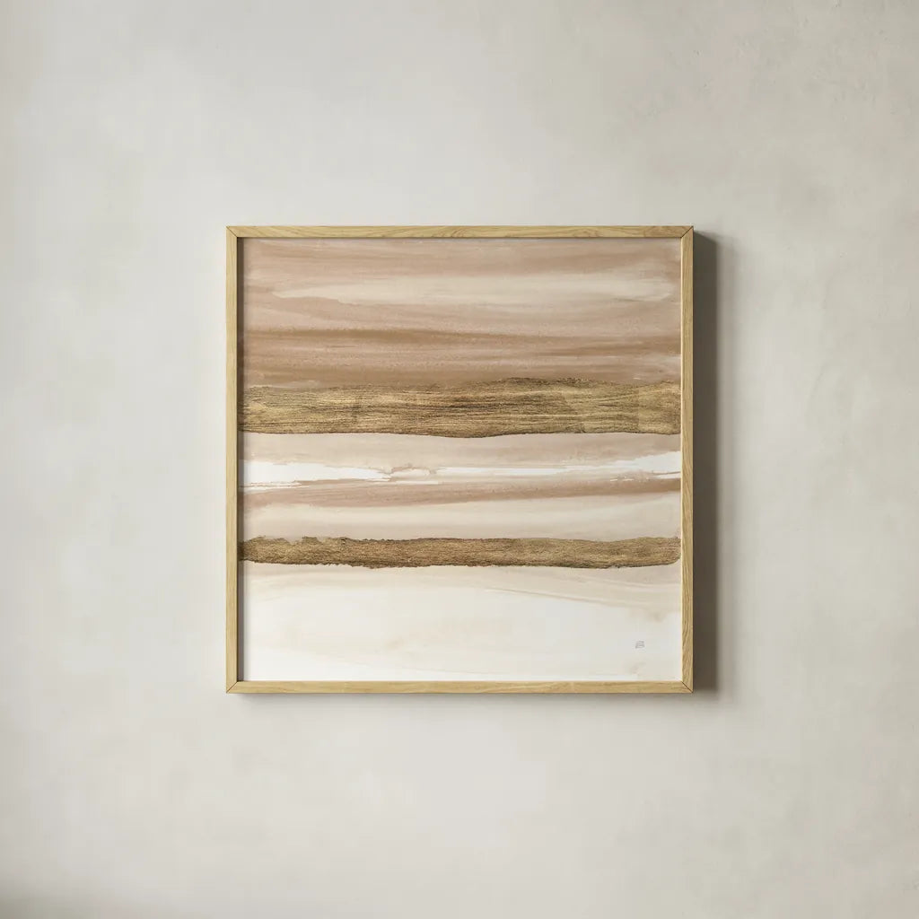 Gold and Brown Sand II Organic by Chris Paschke. Shown in a natural wood glass frame for a timeless modern aesthetic. Available as an archival giclee rolled canvas, fine art paper, or poster print. SKU 81073a.