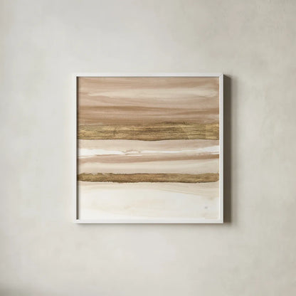 Gold and Brown Sand II Organic by Chris Paschke. Shown in a crisp white glass frame for a clean and minimalist style. Available as an archival giclee rolled canvas, fine art paper, or poster print. SKU 81073a.