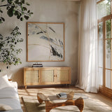 Gold and Cream III by Chris Paschke. Shown in a natural wood frame in a cozy modern living room. Available as an archival giclee rolled canvas, fine art paper, or poster print. SKU 90874a.