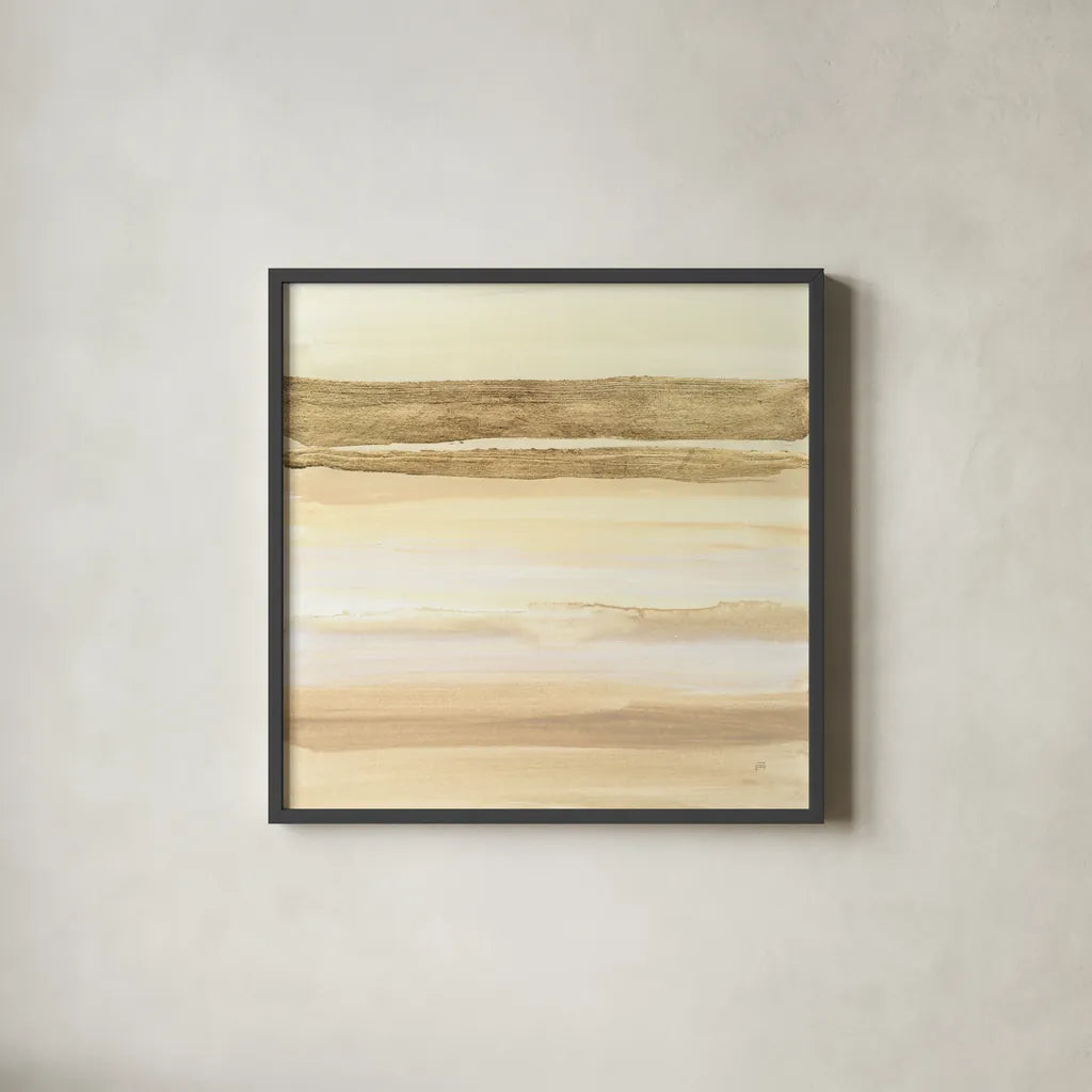 Gold and Gray Sand I by Chris Paschke. Shown in a sleek black glass frame for a contemporary gallery look. Available as an archival giclee rolled canvas, fine art paper, or poster print. SKU 75461a.
