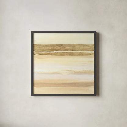 Gold and Gray Sand I by Chris Paschke. Shown in a sleek black glass frame for a contemporary gallery look. Available as an archival giclee rolled canvas, fine art paper, or poster print. SKU 75461a.