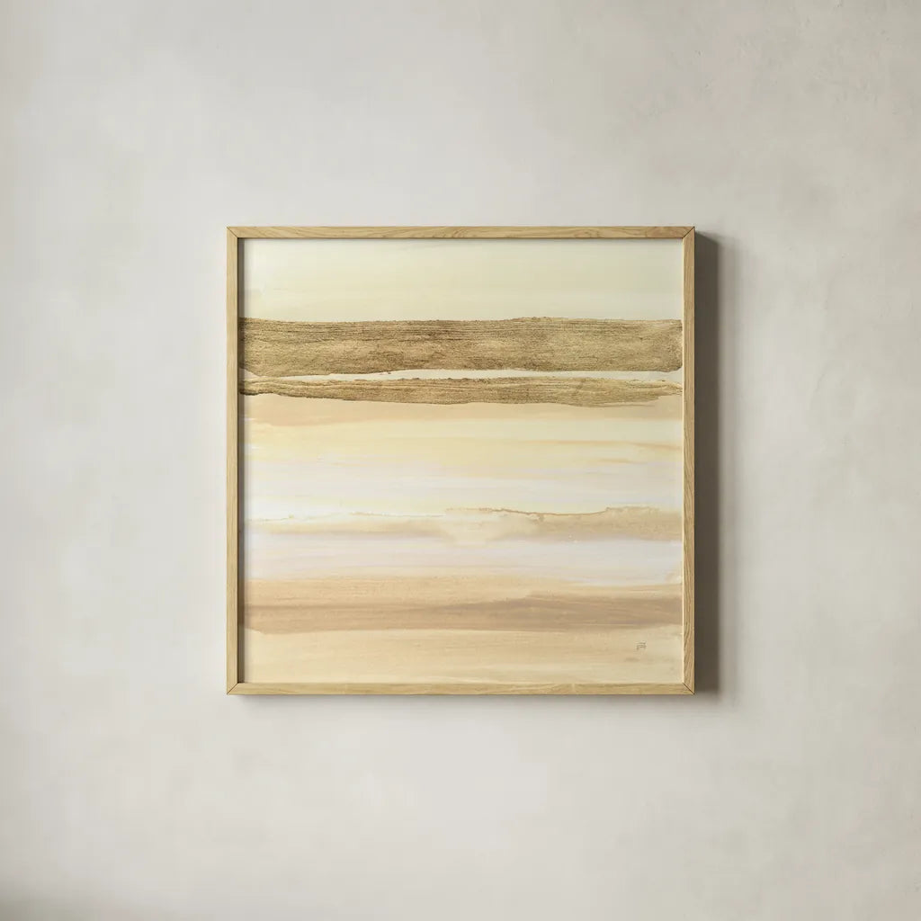 Gold and Gray Sand I by Chris Paschke. Shown in a natural wood glass frame for a timeless modern aesthetic. Available as an archival giclee rolled canvas, fine art paper, or poster print. SKU 75461a.
