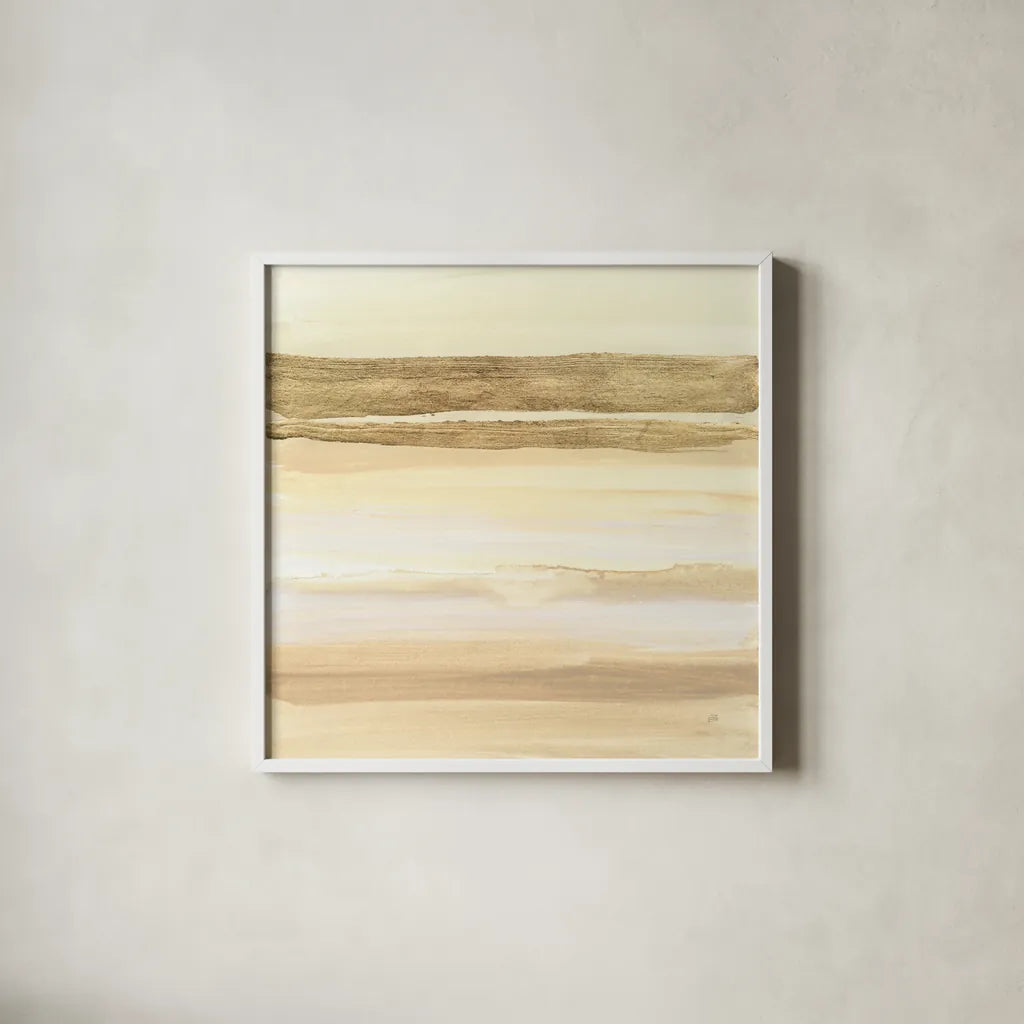Gold and Gray Sand I by Chris Paschke. Shown in a crisp white glass frame for a clean and minimalist style. Available as an archival giclee rolled canvas, fine art paper, or poster print. SKU 75461a.