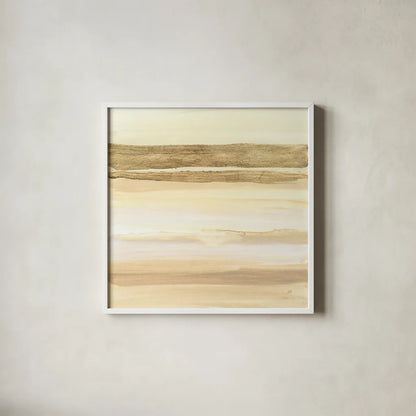 Gold and Gray Sand I by Chris Paschke. Shown in a crisp white glass frame for a clean and minimalist style. Available as an archival giclee rolled canvas, fine art paper, or poster print. SKU 75461a.