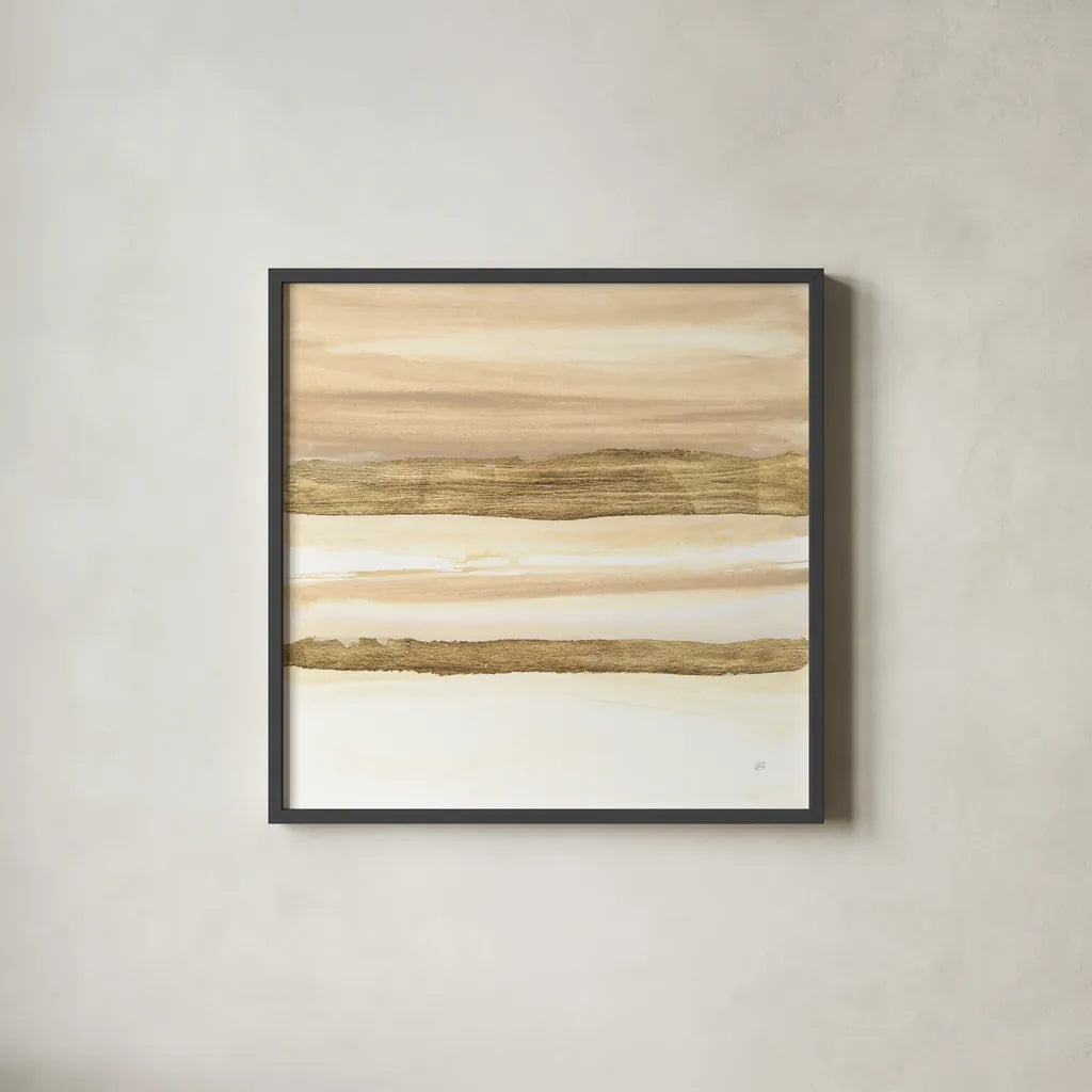 Gold and Gray Sand II by Chris Paschke. Shown in a sleek black glass frame for a contemporary gallery look. Available as an archival giclee rolled canvas, fine art paper, or poster print. SKU 75462a.