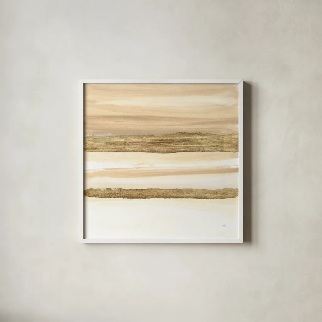 Gold and Gray Sand II by Chris Paschke. Shown in a crisp white glass frame for a clean and minimalist style. Available as an archival giclee rolled canvas, fine art paper, or poster print. SKU 75462a.