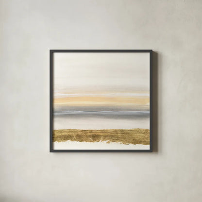 Gold and Gray Sand III by Chris Paschke. Shown in a sleek black glass frame for a contemporary gallery look. Available as an archival giclee rolled canvas, fine art paper, or poster print. SKU 75463a.