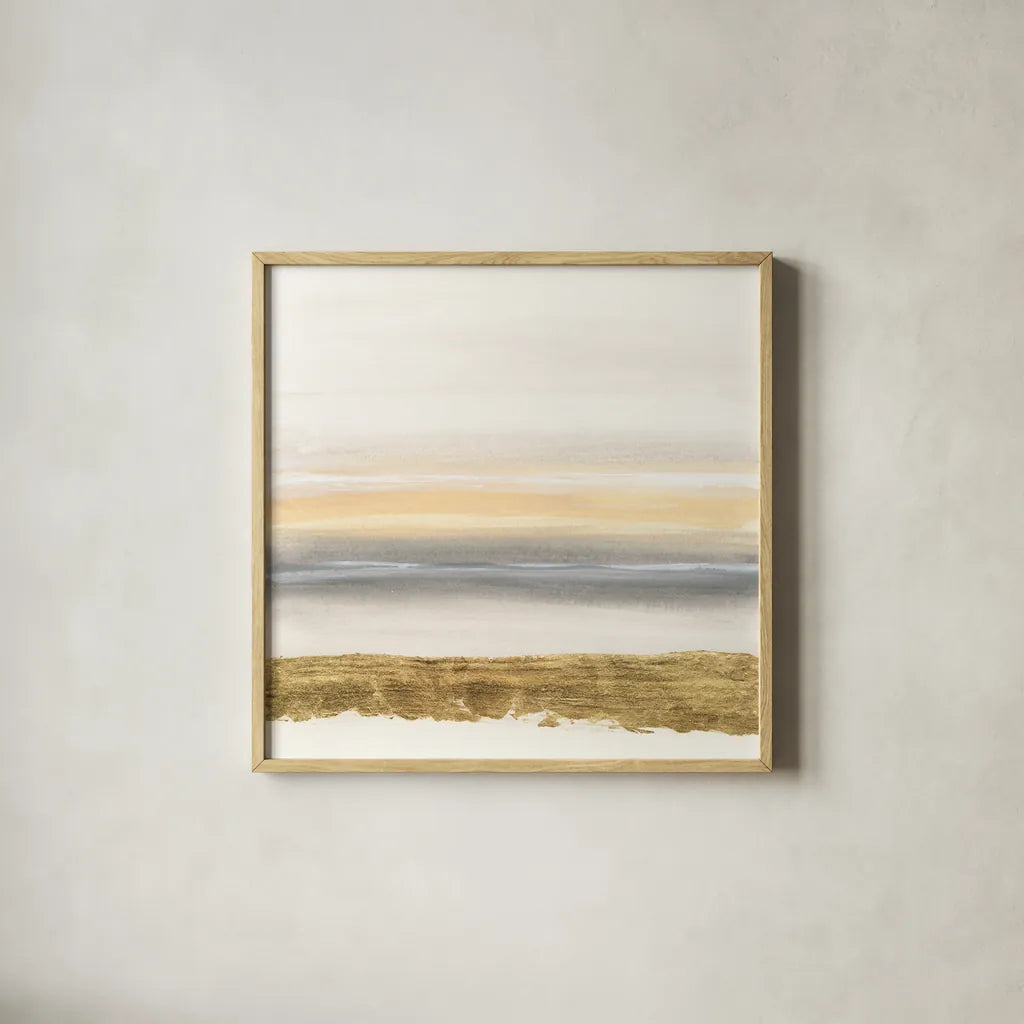 Gold and Gray Sand III by Chris Paschke. Shown in a natural wood glass frame for a timeless modern aesthetic. Available as an archival giclee rolled canvas, fine art paper, or poster print. SKU 75463a.