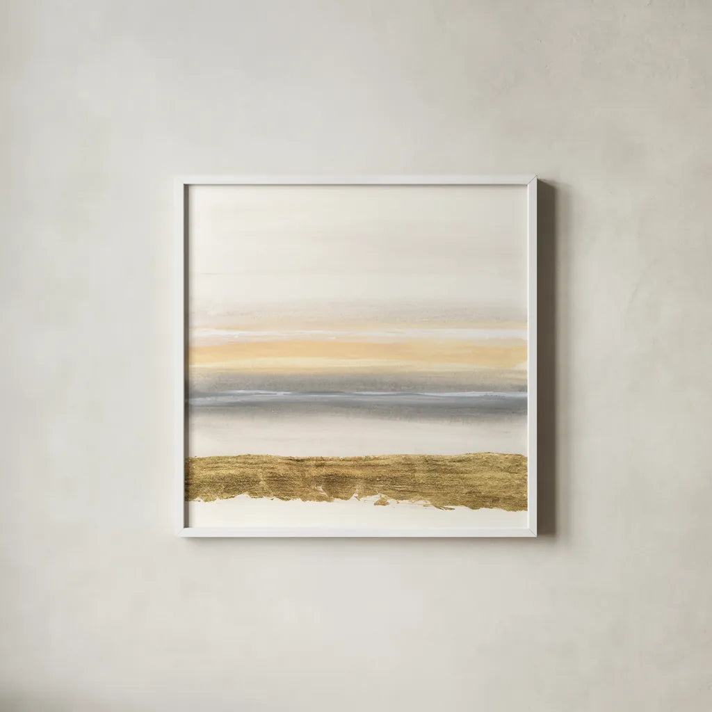 Gold and Gray Sand III by Chris Paschke. Shown in a crisp white glass frame for a clean and minimalist style. Available as an archival giclee rolled canvas, fine art paper, or poster print. SKU 75463a.