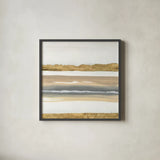 Gold and Gray Sand IV by Chris Paschke. Shown in a sleek black glass frame for a contemporary gallery look. Available as an archival giclee rolled canvas, fine art paper, or poster print. SKU 75464a.