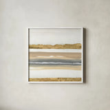 Gold and Gray Sand IV by Chris Paschke. Shown in a crisp white glass frame for a clean and minimalist style. Available as an archival giclee rolled canvas, fine art paper, or poster print. SKU 75464a.