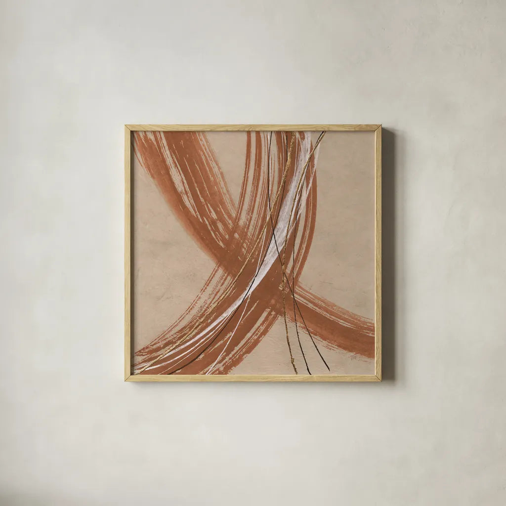 Gold in Opposition I by Chris Paschke. Shown in a natural wood glass frame for a timeless modern aesthetic. Available as an archival giclee rolled canvas, fine art paper, or poster print. SKU 84568a.