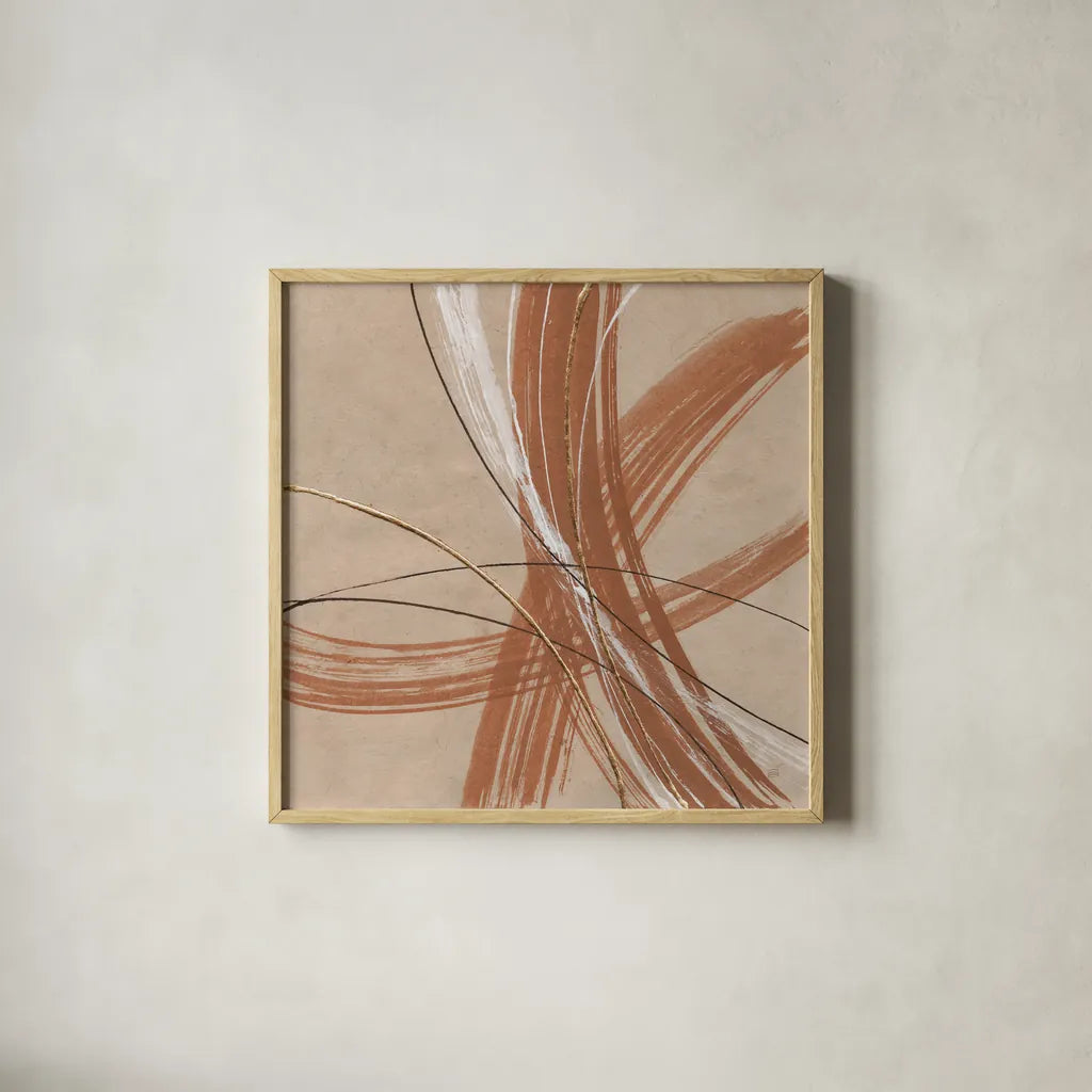 Gold in Opposition II by Chris Paschke. Shown in a natural wood glass frame for a timeless modern aesthetic. Available as an archival giclee rolled canvas, fine art paper, or poster print. SKU 84569a.