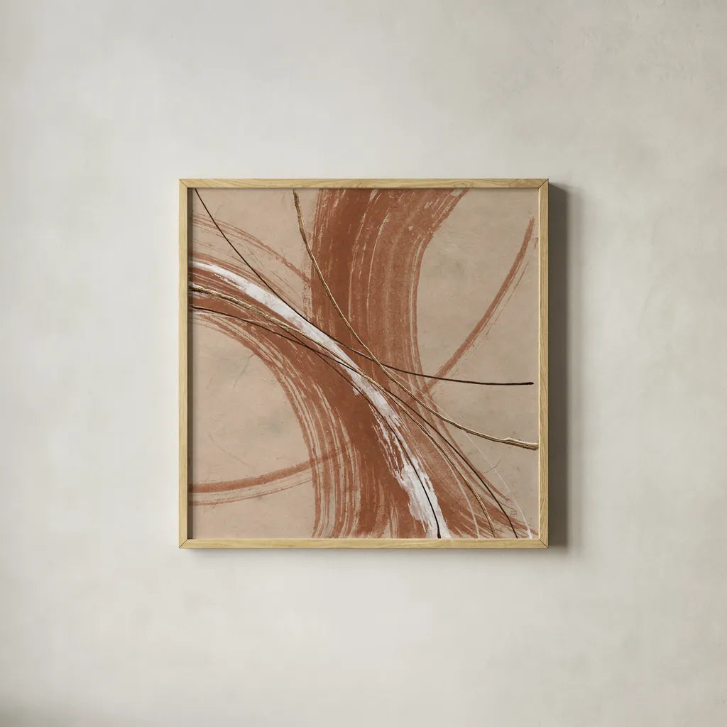 Gold in Opposition III by Chris Paschke. Shown in a natural wood glass frame for a timeless modern aesthetic. Available as an archival giclee rolled canvas, fine art paper, or poster print. SKU 84570a.