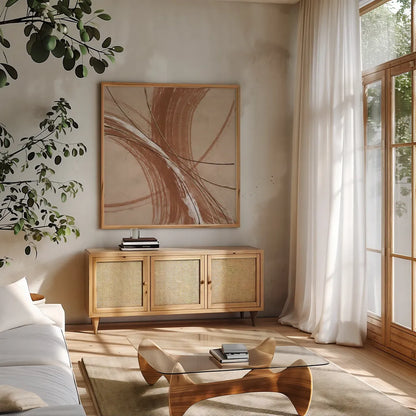 Gold in Opposition III by Chris Paschke. Shown in a natural wood frame in a cozy modern living room. Available as an archival giclee rolled canvas, fine art paper, or poster print. SKU 84570a.