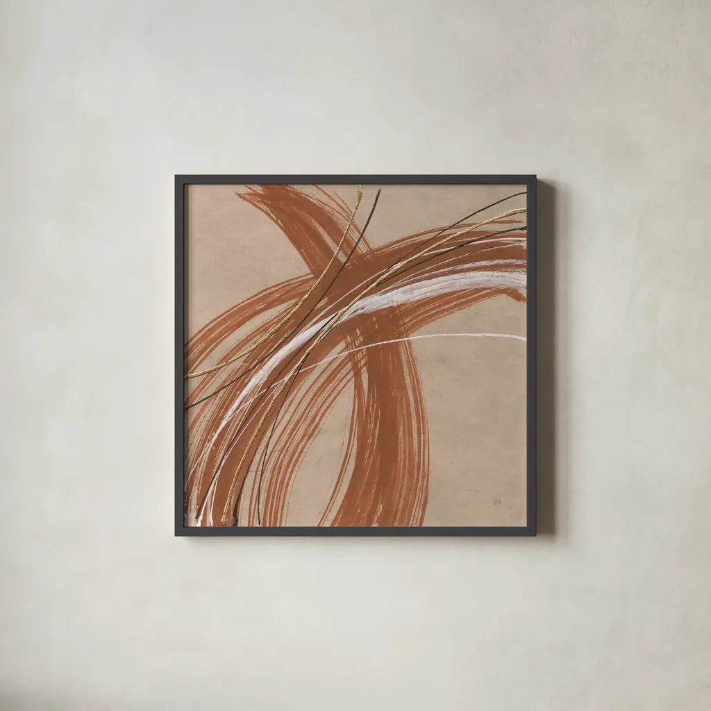 Gold in Opposition IV by Chris Paschke. Shown in a sleek black glass frame for a contemporary gallery look. Available as an archival giclee rolled canvas, fine art paper, or poster print. SKU 84571a.