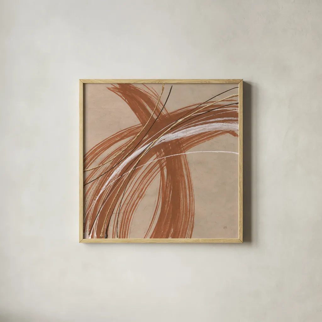 Gold in Opposition IV by Chris Paschke. Shown in a natural wood glass frame for a timeless modern aesthetic. Available as an archival giclee rolled canvas, fine art paper, or poster print. SKU 84571a.