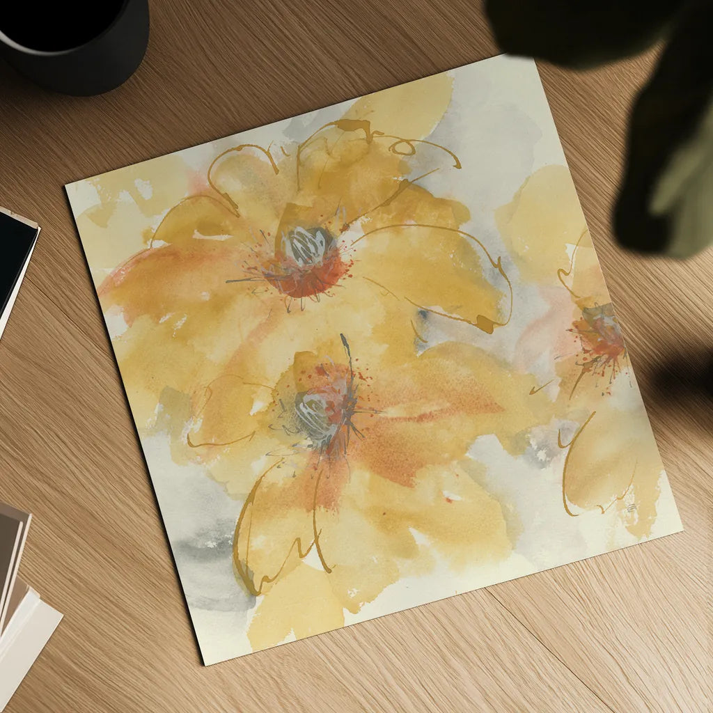 Golden Clematis I by Chris Paschke. Shown as a detailed flat fine art print, highlighting archival giclee quality. Available as an archival giclee rolled canvas, fine art paper, or poster print. SKU 50267a.