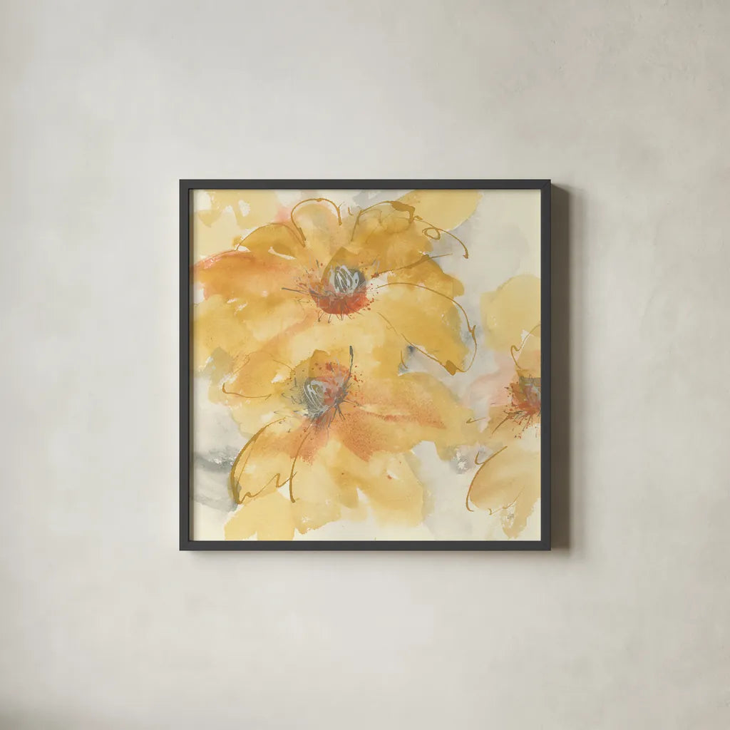 Golden Clematis I by Chris Paschke. Shown in a sleek black glass frame for a contemporary gallery look. Available as an archival giclee rolled canvas, fine art paper, or poster print. SKU 50267a.
