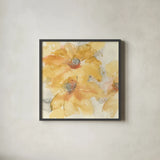 Golden Clematis I by Chris Paschke. Shown in a sleek black glass frame for a contemporary gallery look. Available as an archival giclee rolled canvas, fine art paper, or poster print. SKU 50267a.
