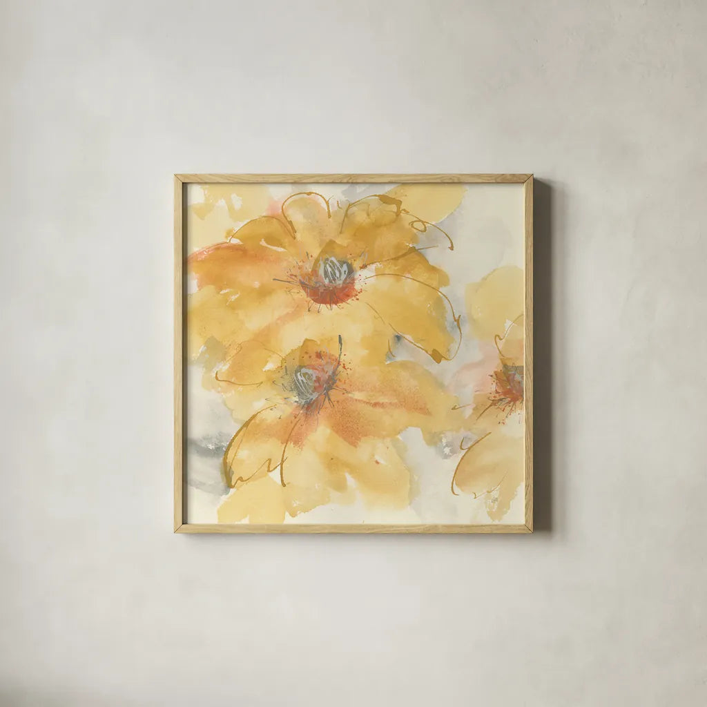 Golden Clematis I by Chris Paschke. Shown in a natural wood glass frame for a timeless modern aesthetic. Available as an archival giclee rolled canvas, fine art paper, or poster print. SKU 50267a.