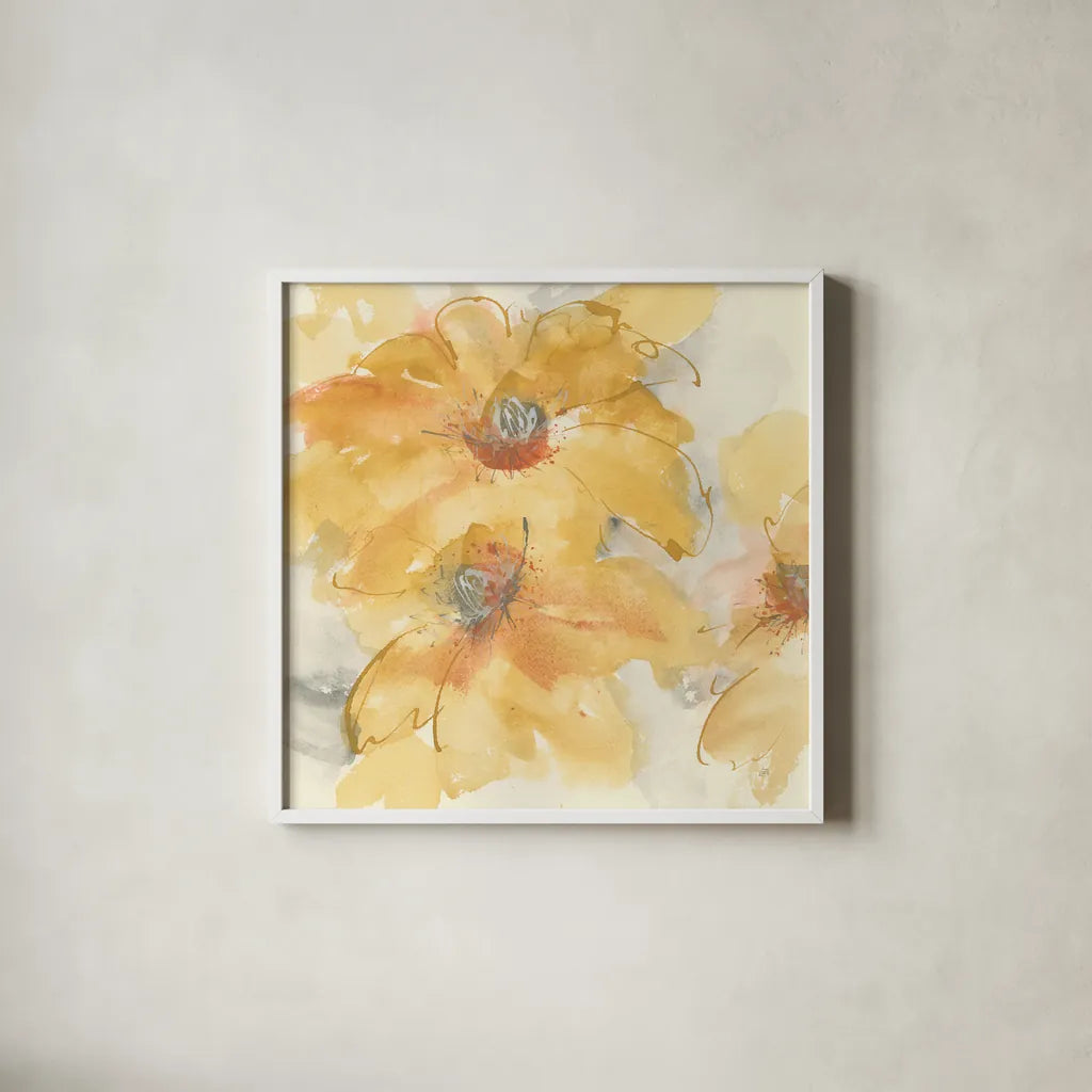 Golden Clematis I by Chris Paschke. Shown in a crisp white glass frame for a clean and minimalist style. Available as an archival giclee rolled canvas, fine art paper, or poster print. SKU 50267a.
