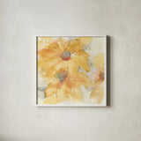 Golden Clematis I by Chris Paschke. Shown in a crisp white glass frame for a clean and minimalist style. Available as an archival giclee rolled canvas, fine art paper, or poster print. SKU 50267a.